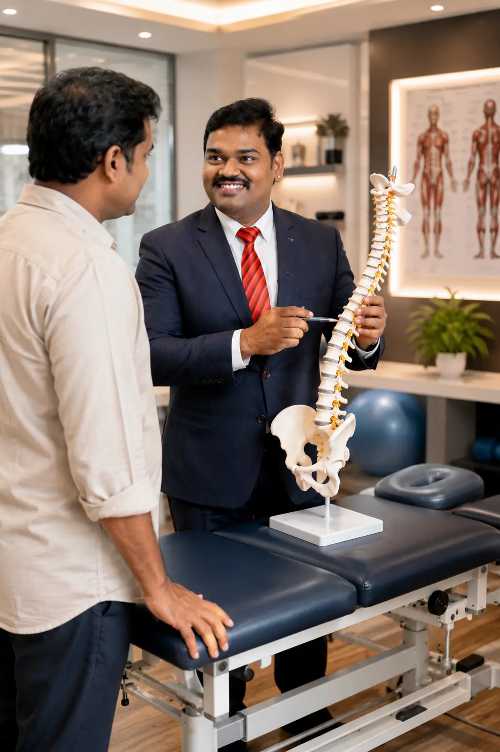 Dr. Venkat Ratnam examining a spine model with a patient
